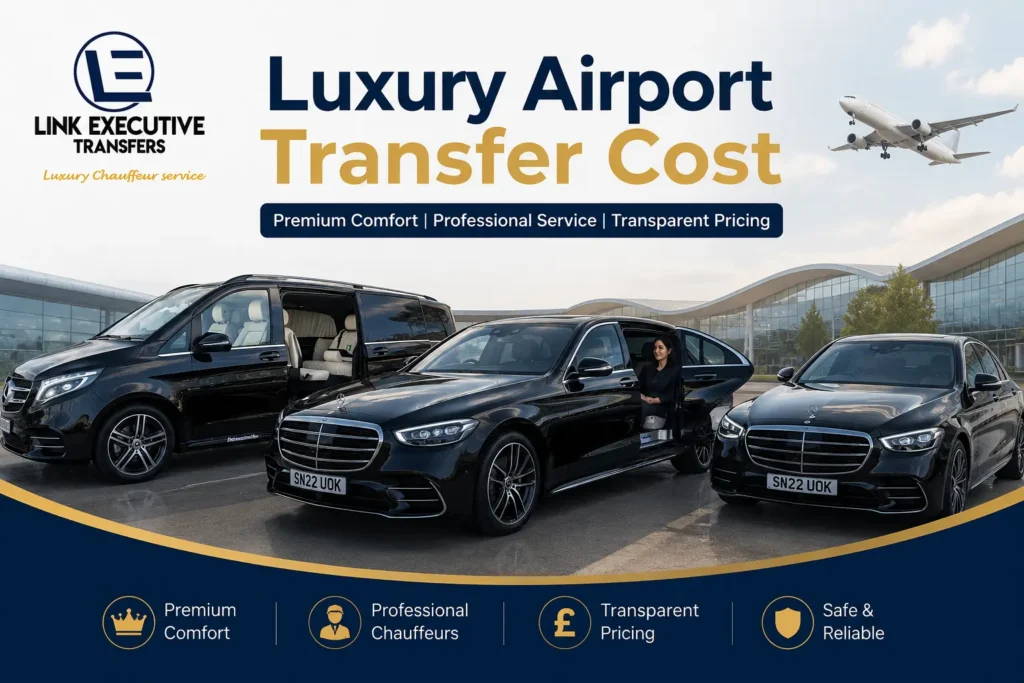 Luxury Airport Transfer Cost Comparison Price Guide 8 Mercedes-Benz chauffeur vehicle parked outside a UK airport terminal for a luxury airport transfer