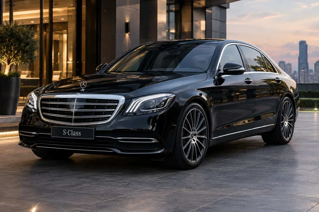 : A luxury Mercedes-Benz S-Class chauffeur car prepared for comfortable Chauffeur Driven Car Hire for Long Distance Travel a premium, private and relaxing journey for passengers