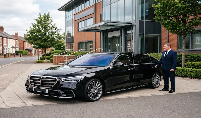 Private Executive Transport in Cannock | Premium Chauffeur Service 1 Black Mercedes-Benz E-Class executive chauffeur car parked outside a modern professional building in Cannock, UK