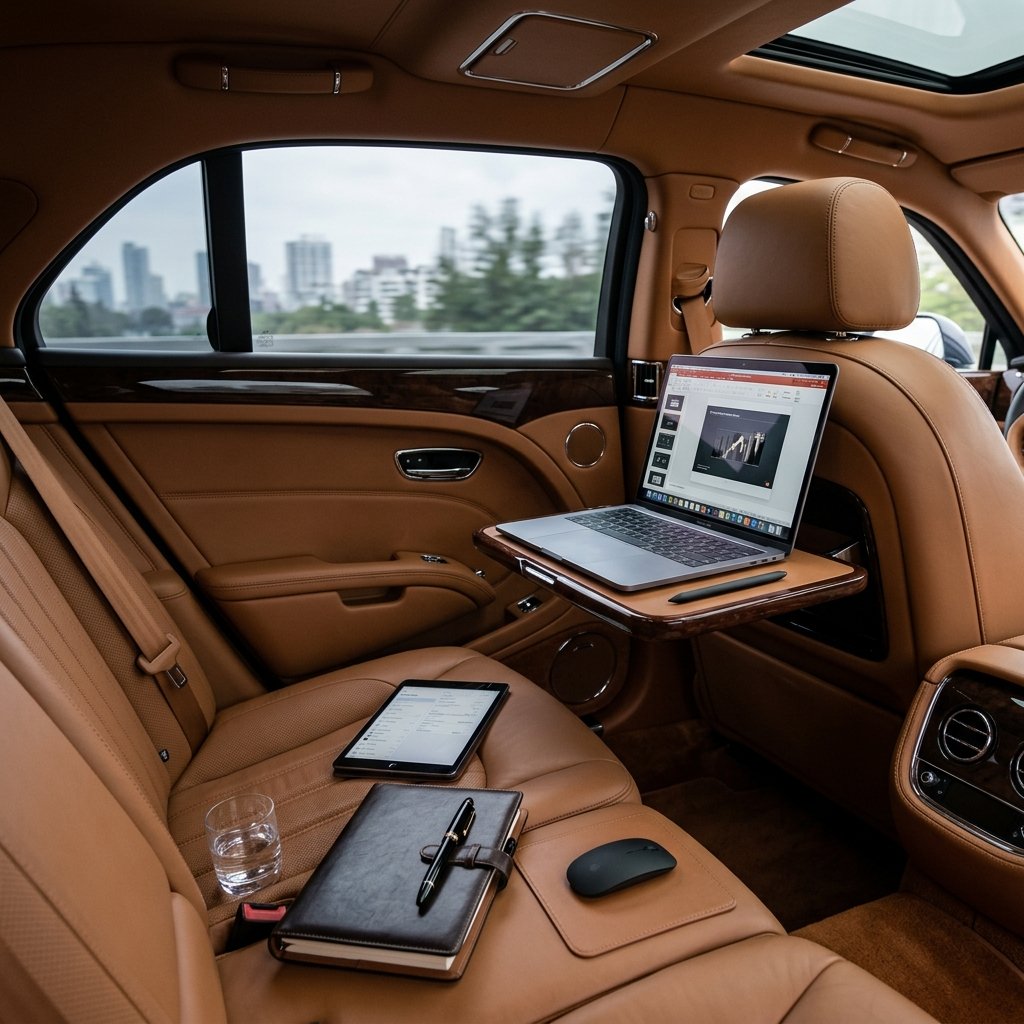 An interior shot of a luxury vehicle’s backseat, designed as a mobile office. A high-end laptop is open on a small mahogany tray table, with a high-quality leather interior visible. Soft ambient light streams through the tinted windows, illuminating a leather-bound planner and a tablet. The space is quiet, organized, and focused, representing the perfect environment for an executive to prepare for a major meeting or presentation. The style is clean, sharp, and editorial, capturing the essence of comfort and productivity.