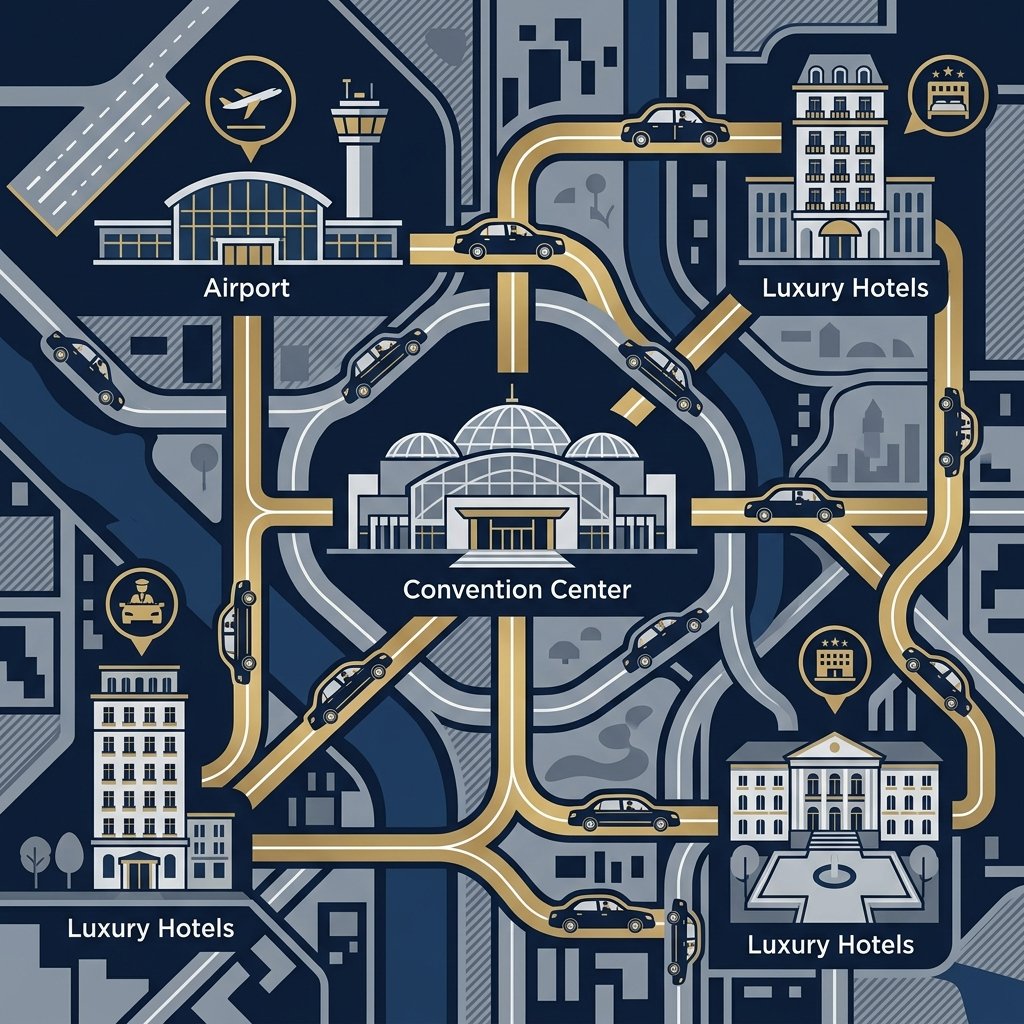 A sophisticated flat-style infographic illustration depicting a logistics coordination map for a large-scale event. The visual features interconnected paths connecting an airport, a major convention center, and luxury hotels, with stylized icons of chauffeur-driven cars moving along these routes. The color palette uses deep navy, cool gray, and metallic gold accents to evoke a sense of corporate premium service. The composition is structured and architectural, demonstrating the seamless management of multiple VIP transport flows without any distracting text or characters.