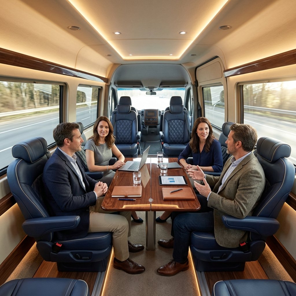 An interior view of a luxury executive minibus, capturing a sophisticated, spacious cabin with plush, ergonomic leather captain seats arranged for collaborative group discussion. Soft ambient lighting glows from the ceiling and floor panels. A mahogany fold-out table is set between rows, and sunlight streams through the tinted windows. The focus is on comfort, productivity, and modern technology. High-quality interior photography style, wide depth of field, sharp focus on the premium materials, luxurious atmosphere, purely visual with no text.