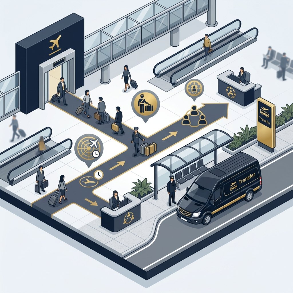 A high-quality 3D isometric flat illustration of a seamless airport transfer logistics system. The composition shows a streamlined flow from an arrival gate icon to a luxury vehicle parked at a designated premium pickup zone. Icons representing flight tracking, luggage assistance, and group connectivity are integrated cleanly into the design. The color palette uses deep navy, cool greys, and metallic gold accents to evoke a sense of exclusivity and efficiency. Clean, minimalist vector art style suitable for a corporate blog, high resolution, no text or characters with writing on them.