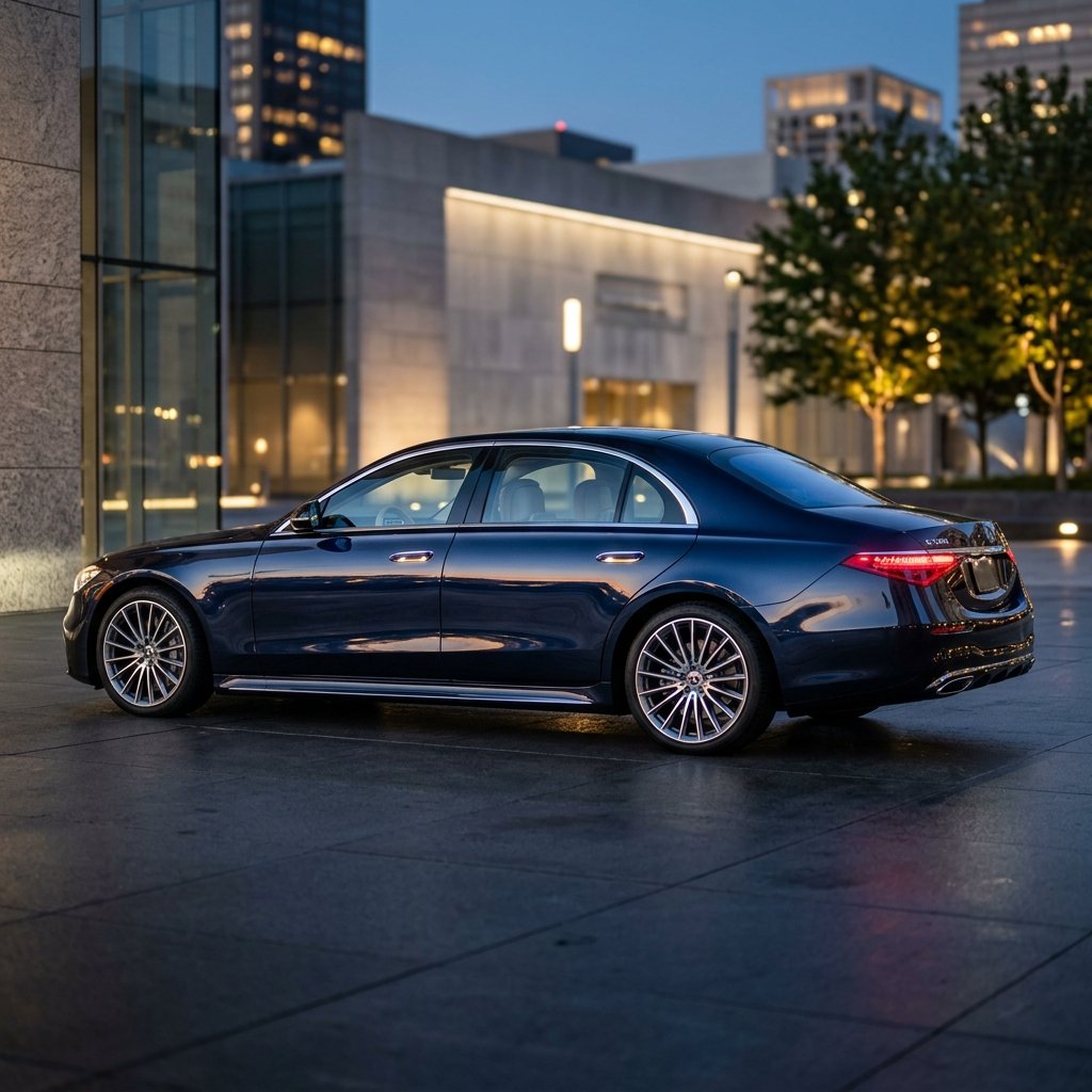 A sleek, high-end automotive editorial shot showcasing a modern Mercedes-Benz S-Class parked in a clean, minimalist urban setting during dusk. The car is polished to a mirror finish, reflecting the subtle city lights. The image emphasizes the refined engineering and comfort of the luxury vehicle. The composition is wide, focusing on the sophisticated silhouette of the car, with subtle ambient lighting that highlights the chrome accents and curves, perfect for an article discussing modern luxury car aesthetics for 2026 weddings.