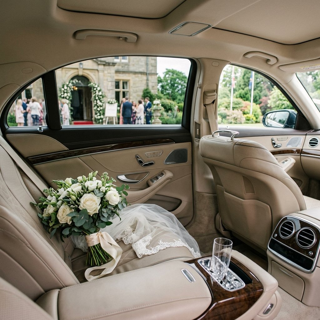 A high-quality, professional photography scene inside a spacious luxury vehicle cabin. The focus is on the interior craftsmanship, showing soft, plush leather seating, elegant wood trim, and a clear view through the window of a beautiful wedding venue entrance. A pair of bridal bouquet flowers rests on the seat next to a bridal veil, suggesting the arrival of the couple at their ceremony. The lighting is soft and natural, emphasizing comfort, privacy, and the premium experience of a professional chauffeur service.