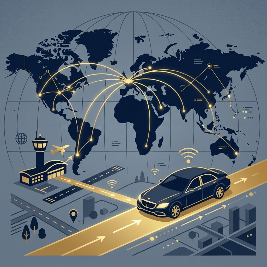 A sophisticated flat vector illustration depicting the seamless logistics of a premium chauffeur service. The design features a stylized global map with interconnected flight paths leading to an airport icon, with a clean path extending to a luxury car. Use a professional color palette of deep navy, slate gray, and gold accents. The style should be modern, minimalist, and clean, focusing on the concepts of reliability, flight tracking technology, and efficient transport navigation without any text or labels.