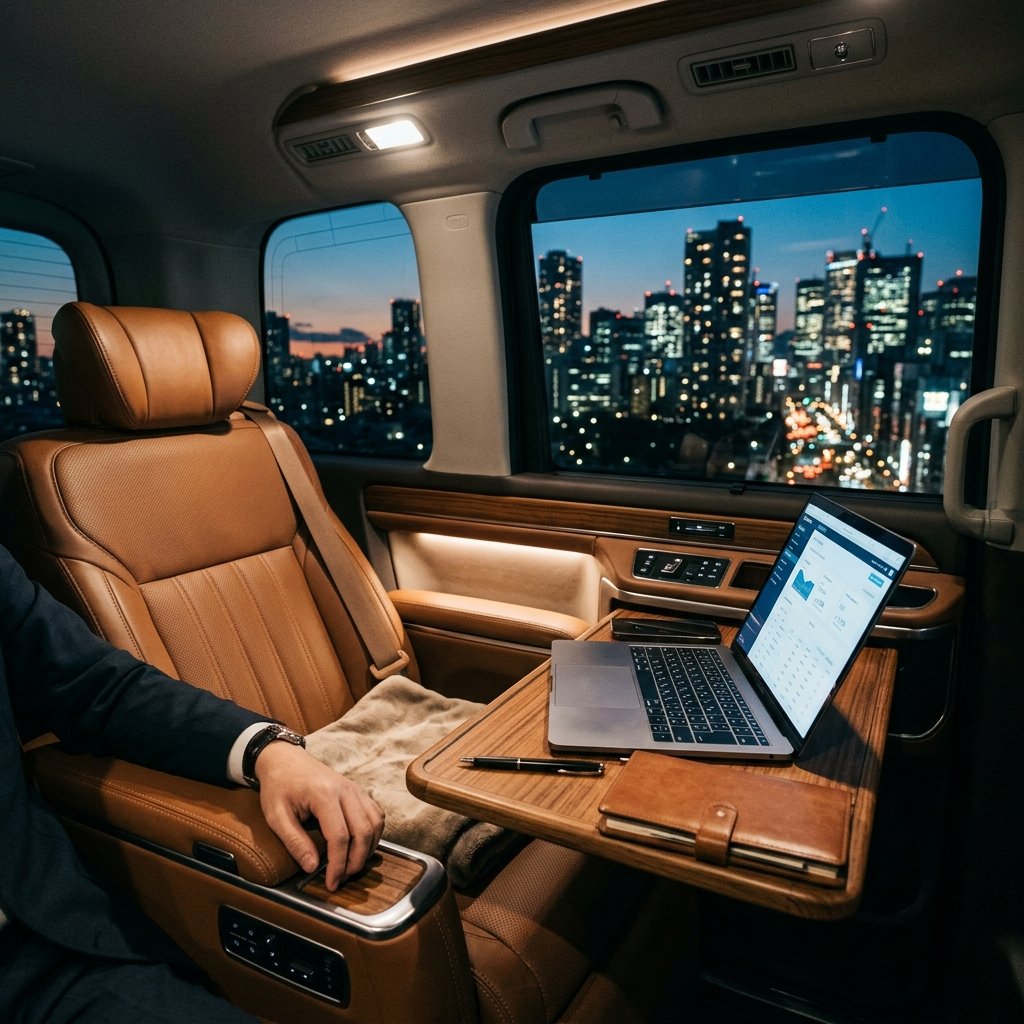 An interior view of a luxury vehicle cabin from the passenger's perspective, showcasing a polished leather seat, a laptop open on a tray table, and a clear view through the tinted window of a bustling city skyline at twilight. The environment is quiet, climate-controlled, and private, suggesting a mobile office for an executive traveler. The lighting is soft and moody, highlighting high-quality textures and an atmosphere of exclusive comfort, professionalism, and productivity for a global business traveler.