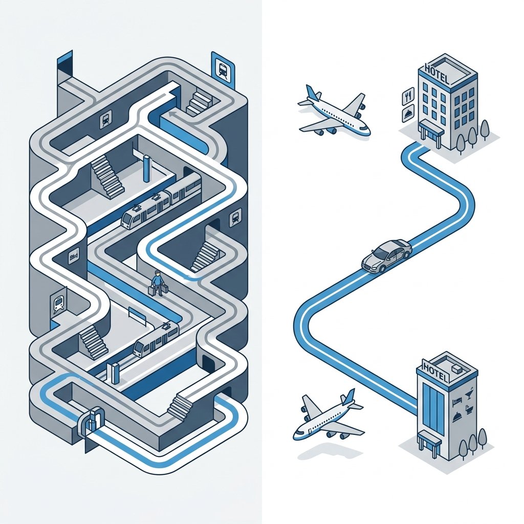 A sleek, minimalist isometric illustration depicting the convenience of a door-to-door transfer compared to public transit. On one side, a tiny 3D icon of a traveler navigating a complex, multi-level maze representing an underground train station. On the other side, a fluid, straight line leading from a plane icon directly to a hotel building icon, with a luxury car icon moving along the path. The color palette uses professional blues, greys, and crisp whites. Flat vector design, clean lines, highly organized, modern corporate infographic style.