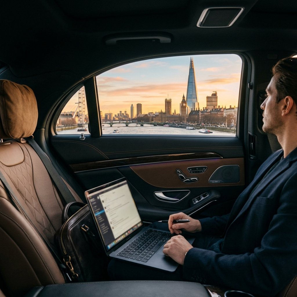 A high-angle, cinematic interior shot from the perspective of a passenger sitting in the back of a luxury car traveling into London. The view through the clean window shows the iconic London skyline, including a distant view of the Shard or Big Ben, bathed in golden hour sunlight. The interior of the car is elegant, featuring premium leather seats and a glimpse of a laptop or briefcase on the seat, suggesting a seamless blend of business and leisure travel. Professional travel photography, sharp focus on the view outside, sophisticated atmosphere.
