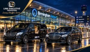 Professional chauffeur waiting beside a luxury executive car at Birmingham Airport for a late night airport pickup