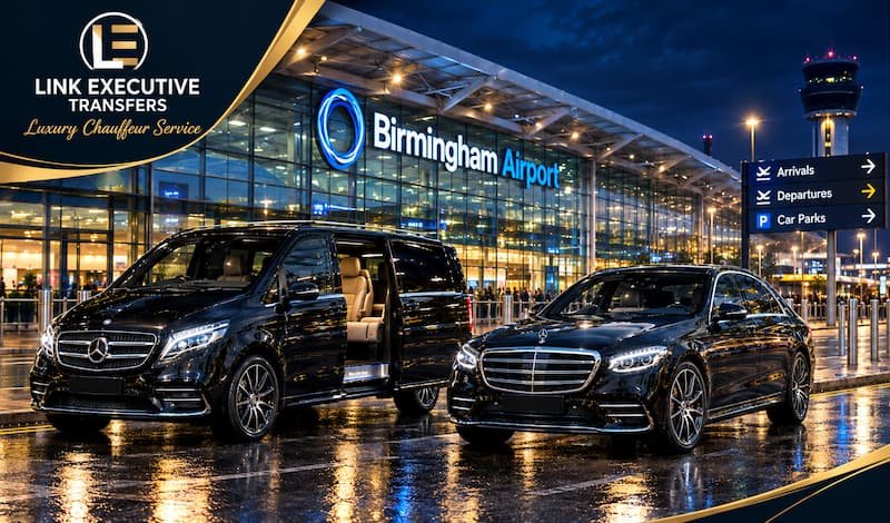 Professional chauffeur waiting beside a luxury executive car at Birmingham Airport for a late night airport pickup
