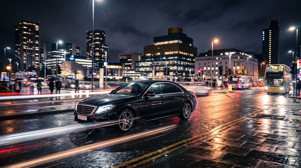 Late Night Airport Pickup Birmingham Meet Greet Chauffeur Service 2 Luxury chauffeur car driving through West Midlands at night in Birmingham.