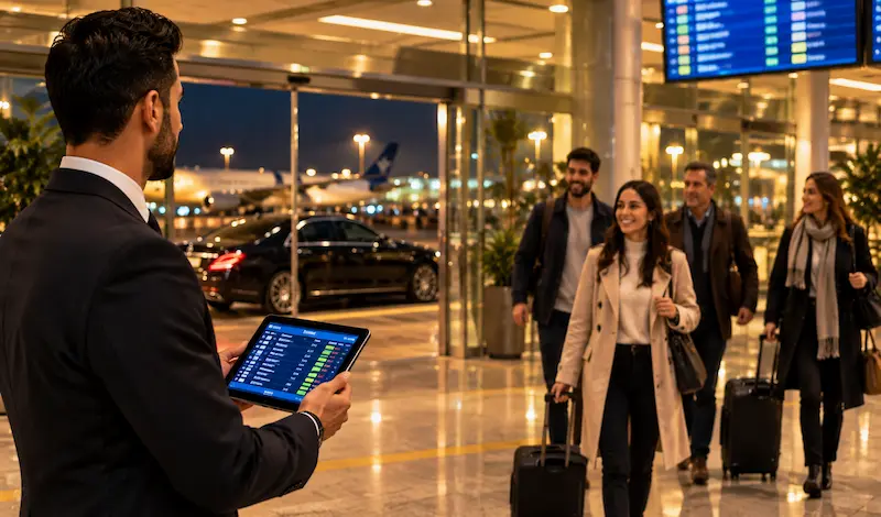 Late Night Airport Pickup Birmingham Meet Greet Chauffeur Service 1 A professional chauffeur welcomes passengers at an airport arrivals hall at night, providing a reliable late night airport chauffeur service in Birmingham.