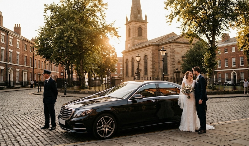 Best Wedding Venues in Birmingham for Luxury Chauffeur Arrivals 2 : Bride and groom beside a Mercedes-Benz S-Class for wedding photographs in St Paul’s Square, Birmingham