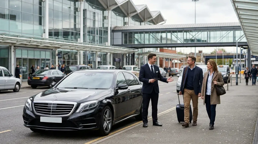 Birmingham Airport Special Assistance and Chauffeur Travel 1 Mercedes-Benz S-Class chauffeur waiting at an agreed meeting point near Birmingham Airport
