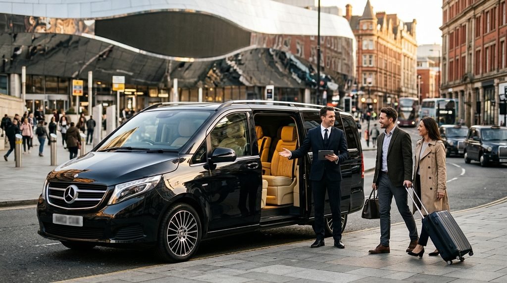 Birmingham New Street Station Pick-Up and Drop-Off Guide 2 Mercedes-Benz Jet-Class chauffeur meeting arriving guests on Navigation Street near Birmingham New Street Station
