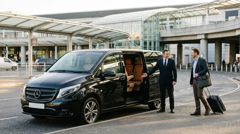 Mercedes-Benz Jet-Class meeting a business traveller at Birmingham Airport for an Edgbaston hotel transfer