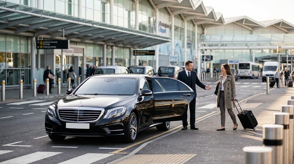 How Much Does a Personal Chauffeur Cost in the UK 2 Mercedes-Benz S-Class chauffeur meeting a traveller at Birmingham Airport
