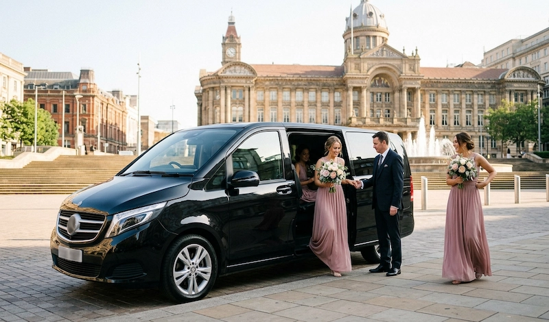 Best Wedding Venues in Birmingham for Luxury Chauffeur Arrivals 1 Mercedes-Benz Jet-Class carrying bridesmaids to a city centre wedding at Victoria Square in Birmingham