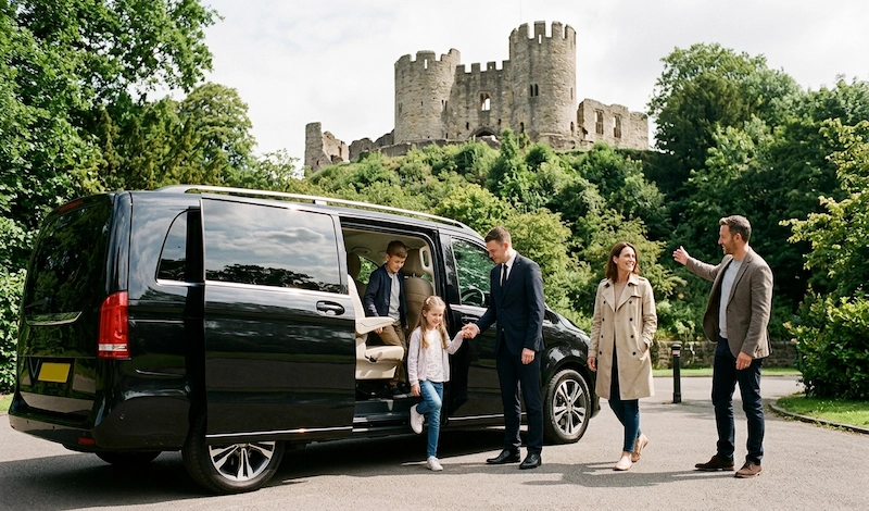 Best Castles Near Birmingham for Luxury Chauffeur Trips 2 Mercedes-Benz Jet-Class dropping a family at Dudley Castle in the West Midlands