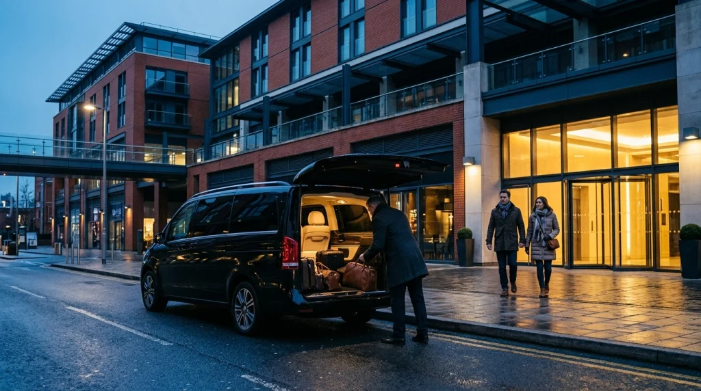 Mercedes-Benz Jet-Class early morning pickup outside The Mailbox in Birmingham for a balloon flight