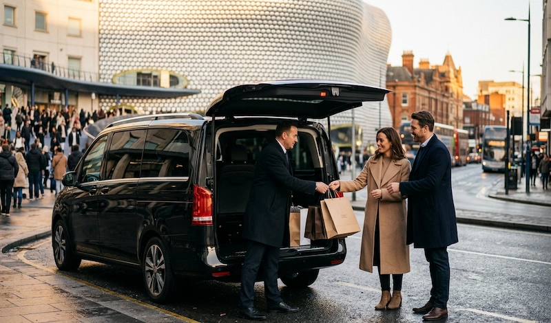 Mercedes-Benz V-Class collecting shoppers near the Bullring in Birmingham city centre