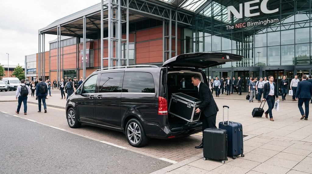 Best Hotels Near Birmingham Airport for Chauffeur Travel A Practical Executive Guide 1 Mercedes-Benz V-Class chauffeur vehicle at the NEC Birmingham