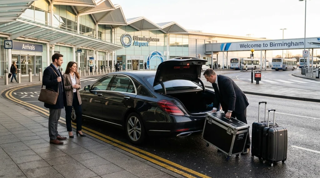 Mercedes-Benz S-Class chauffeur vehicle at Birmingham Airport arrivals