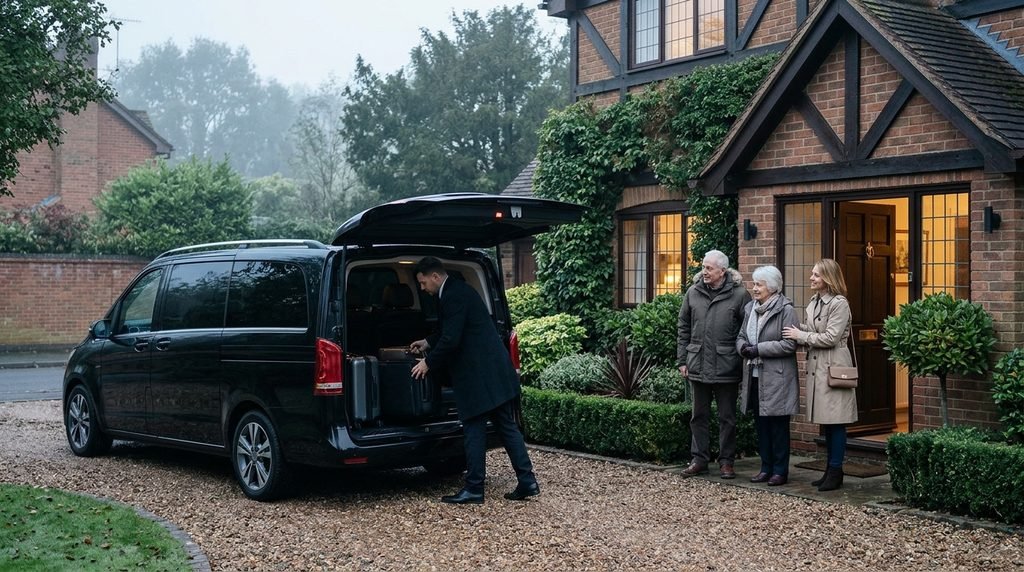 Birmingham Airport Special Assistance and Chauffeur Travel 2 Mercedes-Benz V-Class collecting an elderly couple in Knowle, Solihull for an airport transfer