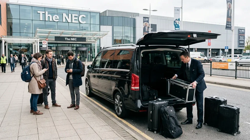 Mercedes-Benz Jet-Class loading luggage at the NEC Birmingham room for a team and their luggage after a long international journey