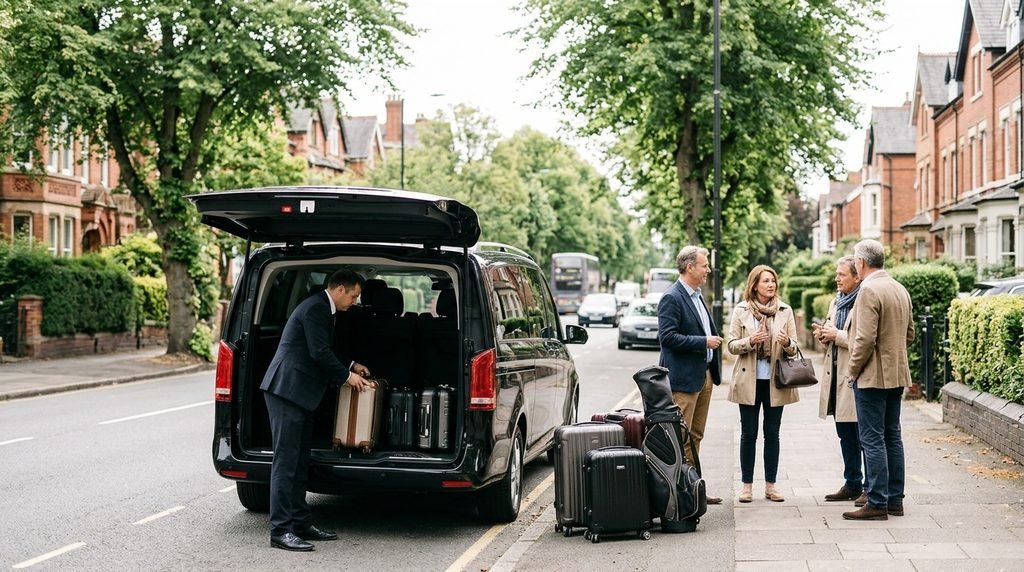 How Many UK Airports Can Link Executive Transfers Reach? 3 Mercedes-Benz Jet-Class loaded with luggage for a group airport transfer in Edgbaston