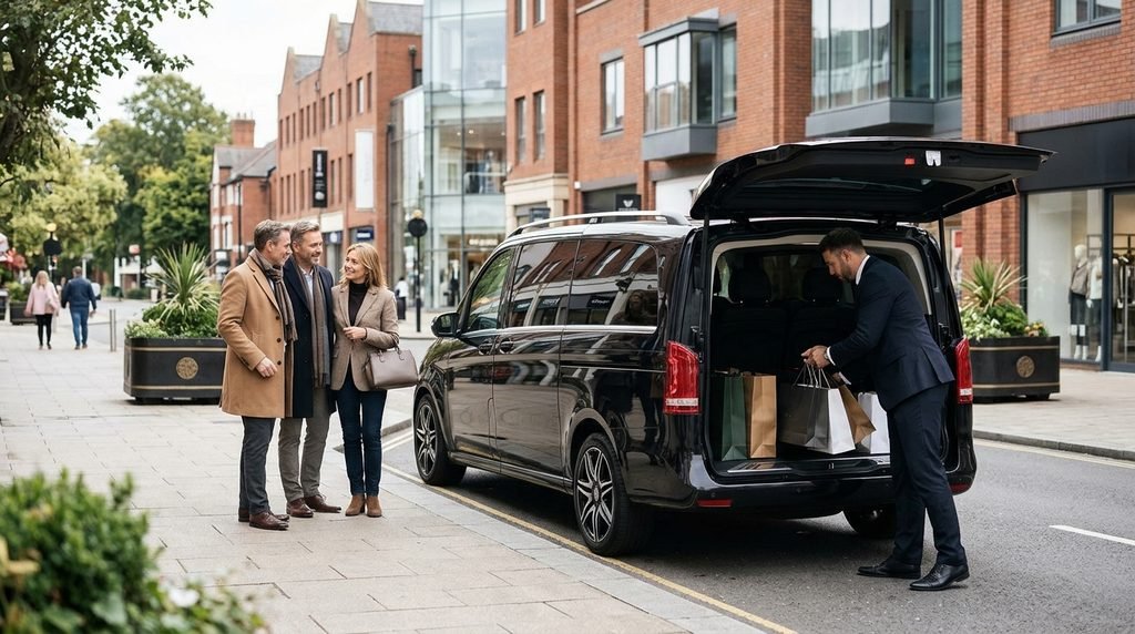 How Much Does a Personal Chauffeur Cost in the UK 1 Mercedes-Benz V-Class chauffeur helping shoppers near Touchwood in Solihull