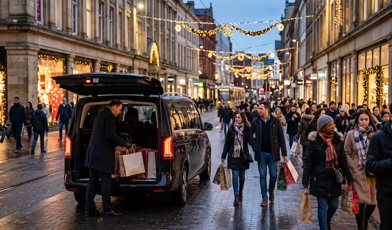 West Midlands Christmas Markets by Chauffeur Service 1 Mercedes-Benz V-Class chauffeur loading shopping bags on New Street, Birmingham during the festive season