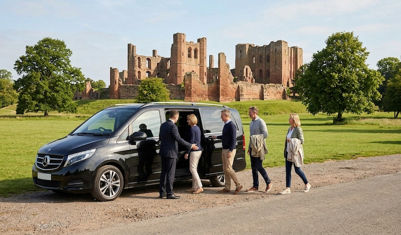 Best Castles Near Birmingham for Luxury Chauffeur Trips 1 Mercedes-Benz V-Class dropping visitors near Kenilworth Castle in Warwickshire