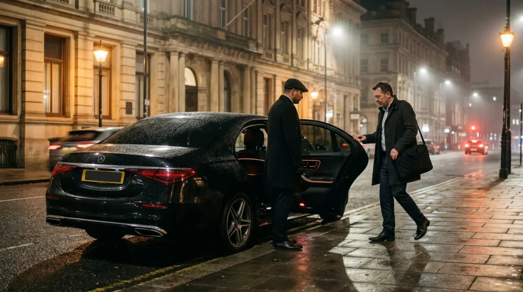 Mercedes-Benz S-Class late-night chauffeur pickup on Colmore Row Birmingham