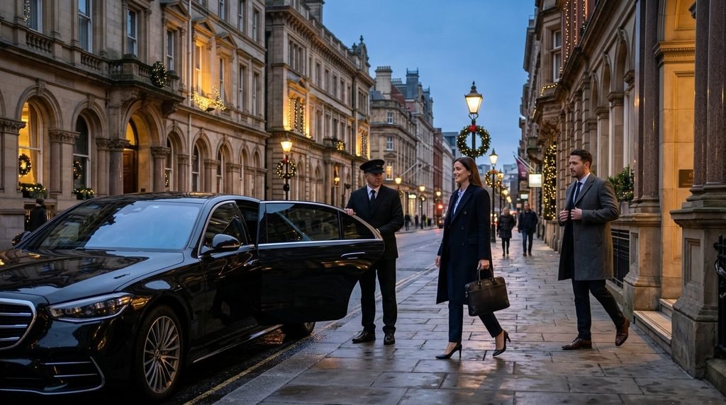 West Midlands Christmas Markets by Chauffeur Service 3 Mercedes-Benz S-Class chauffeur collecting business guests on Colmore Row, Birmingham at Christmas