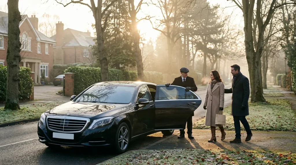 Mercedes-Benz S-Class collecting a couple in Four Oaks, Sutton Coldfield for a romantic balloon flight