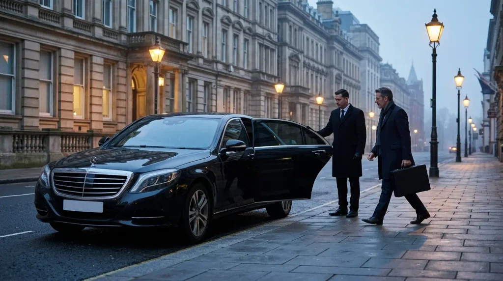 How Many UK Airports Can Link Executive Transfers Reach? 2 Mercedes-Benz S-Class collecting an executive on Colmore Row for a London airport transfer