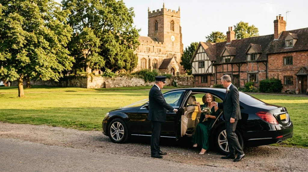 Sunday Roast in Warwickshire Chauffeur Service: Let a Chauffeur Drive 2 Mercedes-Benz S-Class chauffeur collecting an anniversary couple at Berkswell village green