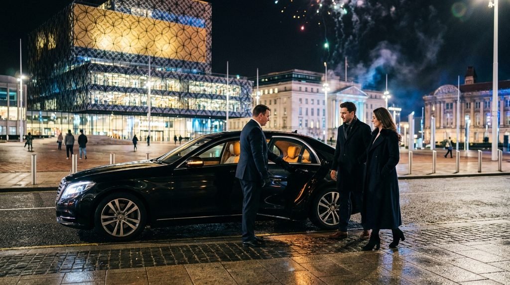 Bonfire Night Chauffeur Service Birmingham: Family Fireworks Without the Stress 2 Mercedes-Benz S-Class chauffeur waiting for a couple in Centenary Square, Birmingham on Bonfire Night