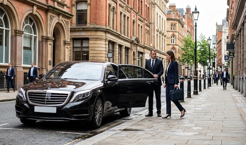 ercedes-Benz S-Class collecting a business traveller on Temple Row in Birmingham