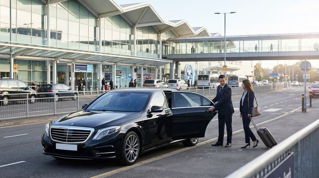 Mercedes-Benz S-Class chauffeur meeting a traveller at Birmingham Airport