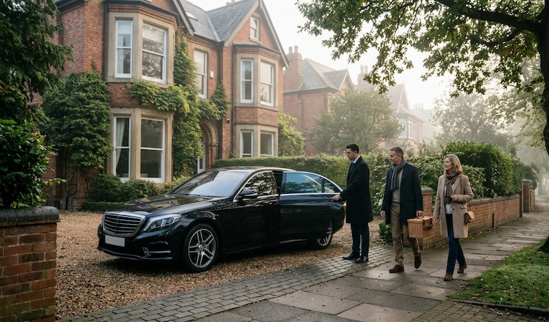 Best Castles Near Birmingham for Luxury Chauffeur Trips 4 Mercedes-Benz S-Class collecting a couple in Edgbaston for a day trip to a castle