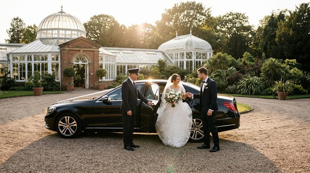 Mercedes-Benz S-Class wedding arrival at Birmingham Botanical Gardens in Edgbaston