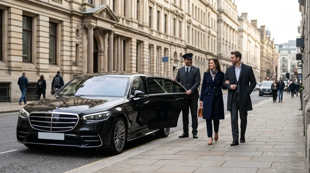 Midlands Festival Travel: Private Chauffeur Service Options for Comfortable Arrivals 1 Mercedes-Benz S-Class chauffeur collecting guests on Colmore Row in Birmingham for a festival journey