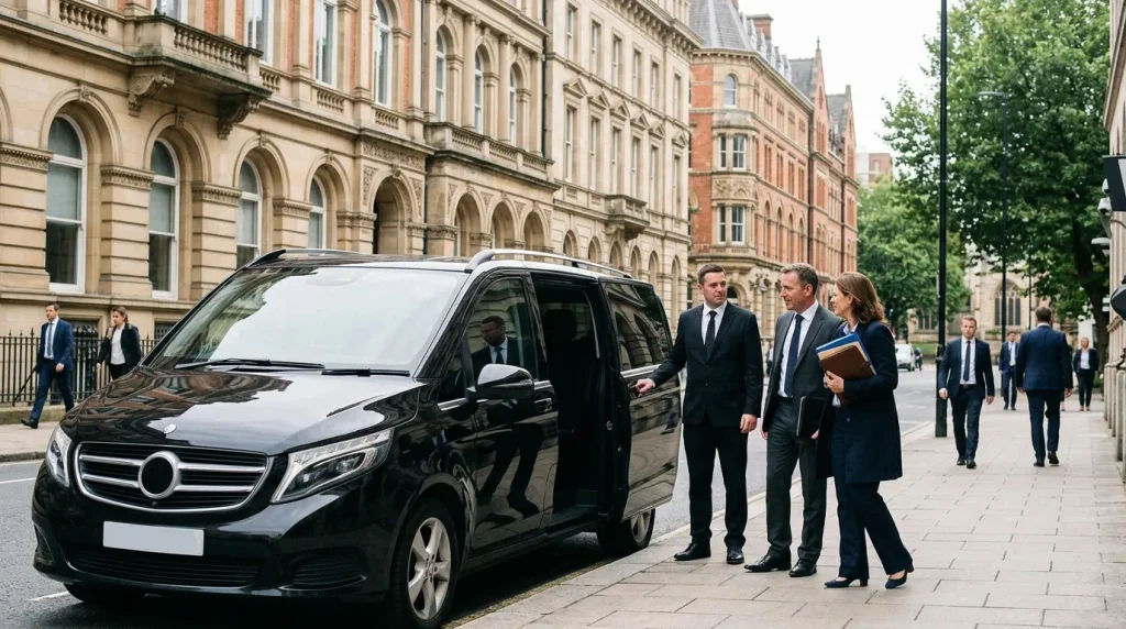 Mercedes-Benz V-Class business transfer arriving at Colmore Row in Birmingham from an Edgbaston hotel