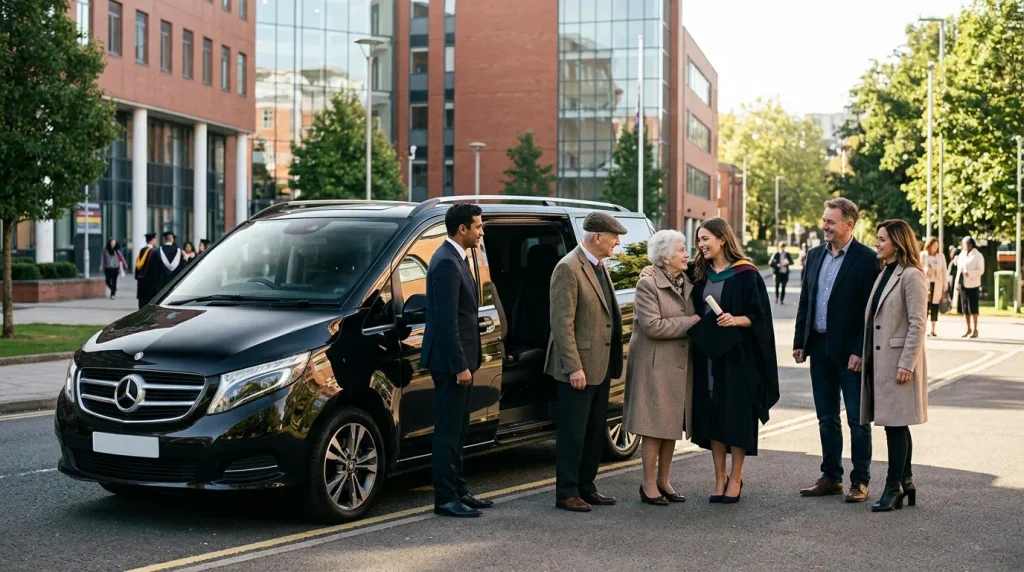 Mercedes-Benz V-Class carrying a graduation family near Aston University in Birmingham