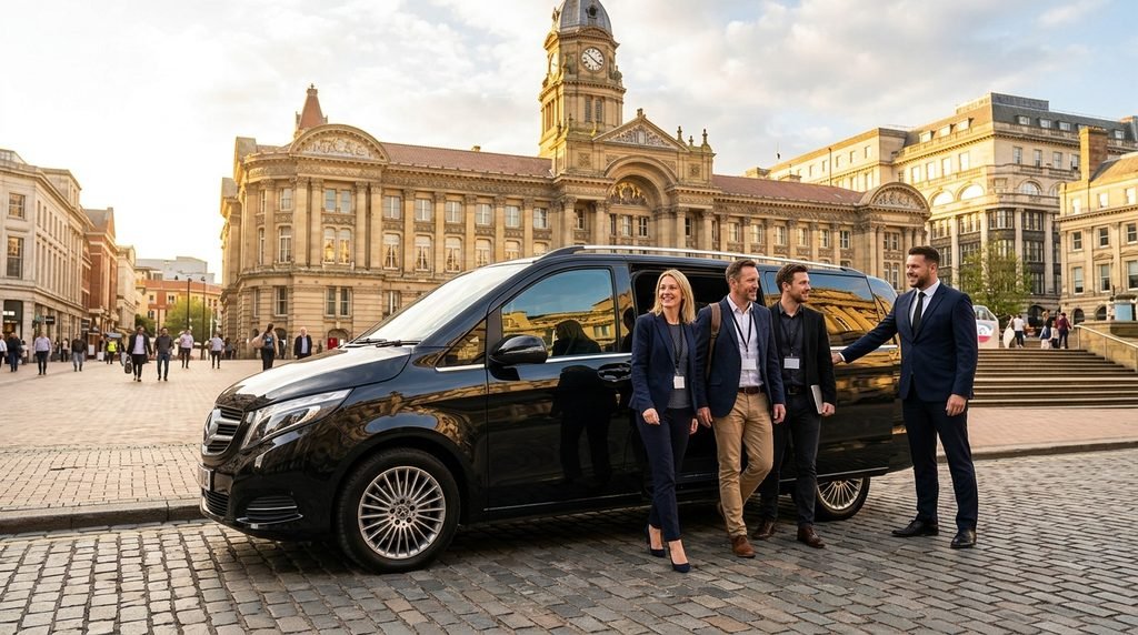 Midlands Festival Travel: Private Chauffeur Service Options for Comfortable Arrivals 3 Mercedes-Benz V-Class corporate festival transfer departing from Victoria Square in Birmingham