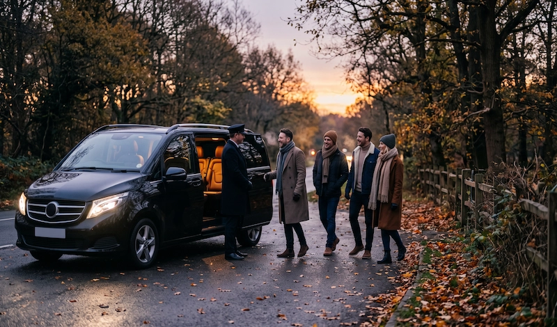 Bonfire Night Chauffeur Service Birmingham: Family Fireworks Without the Stress 1 Mercedes-Benz V-Class arriving near Sutton Park in Sutton Coldfield for a Bonfire Night event