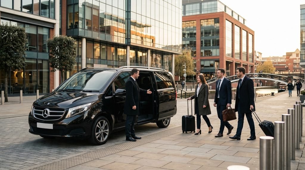 How Many UK Airports Can Link Executive Transfers Reach? 4 Mercedes-Benz V-Class collecting business colleagues at Brindleyplace for an airport transfer